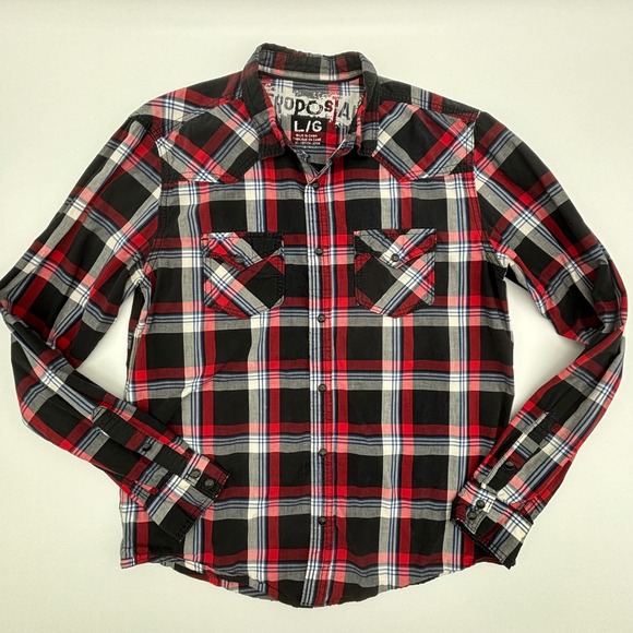 Aeropostale Mens Plaid Shirt Western Pearl Snap L/G Large Red Black - Picture 4 of 8